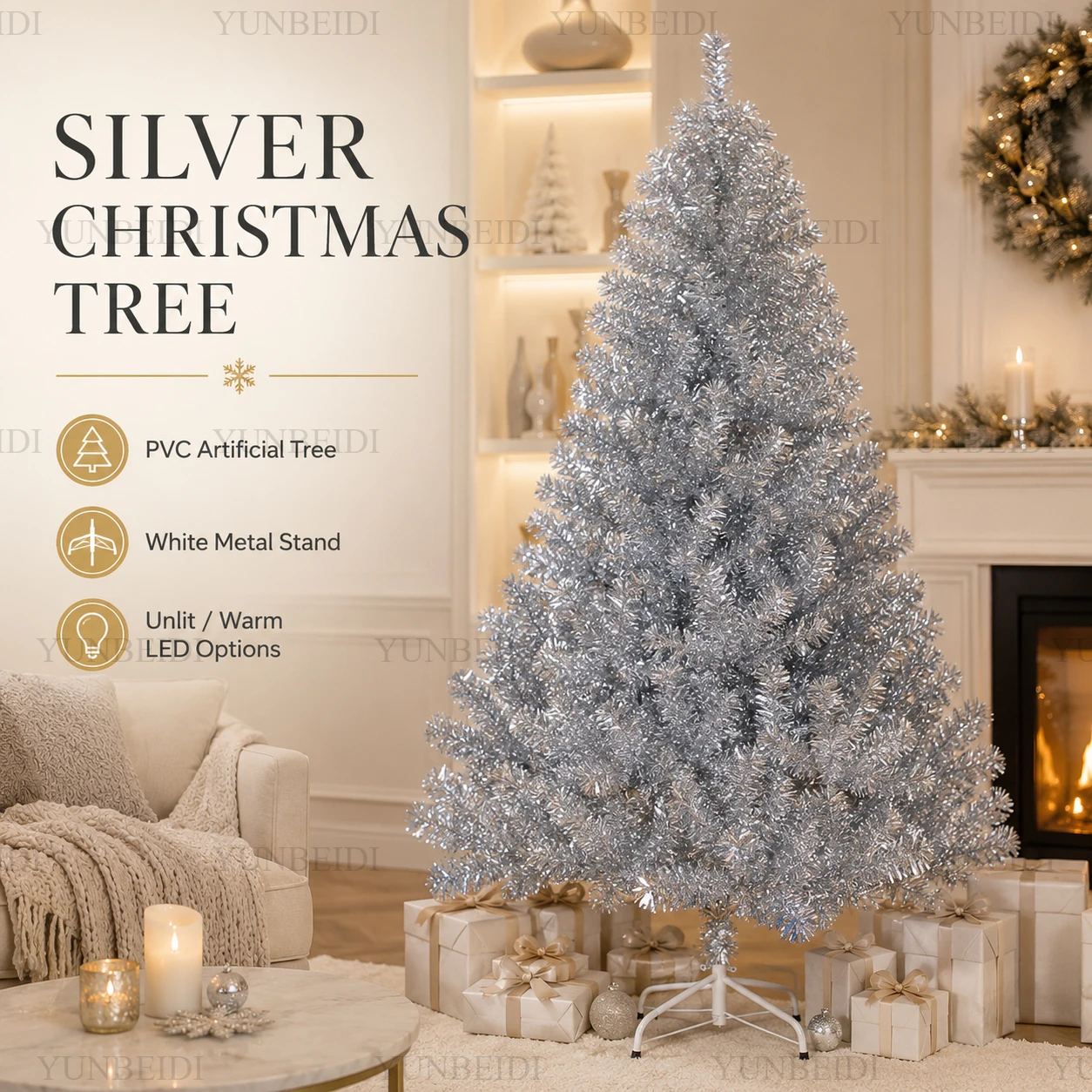 Künstlicher Silberner Weihnachtsbaum mit PVC-Warm-LED-Lichtern 120CM bis 240CM Familienfeier Weihnachtsatmosphäre Dekoration