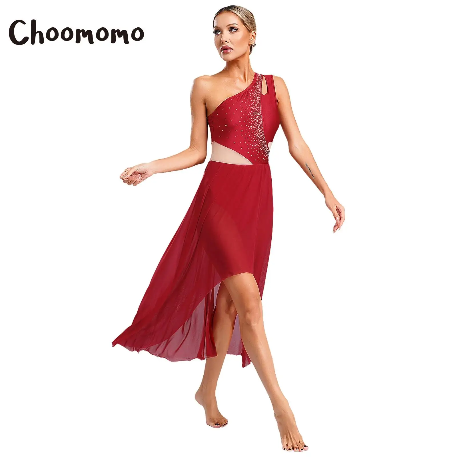 

Women Lyrical Dance Costume Rhinestones One Shoulder Sleeveless Rhinestones Modern Ballet Gymnastics Ice Skating Leotard Dress