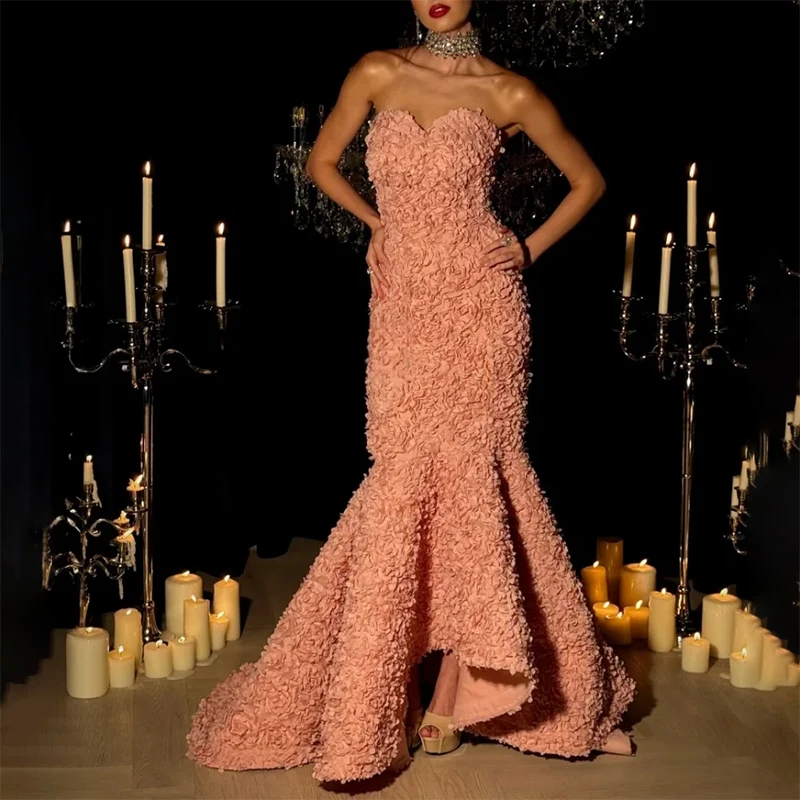 

Customized Pink 3D Flowers Applique Formal Sweetheart Evening Dresses Mermaid Hi-Lo Birthday Party Prom Gowns vestidos de fiesta