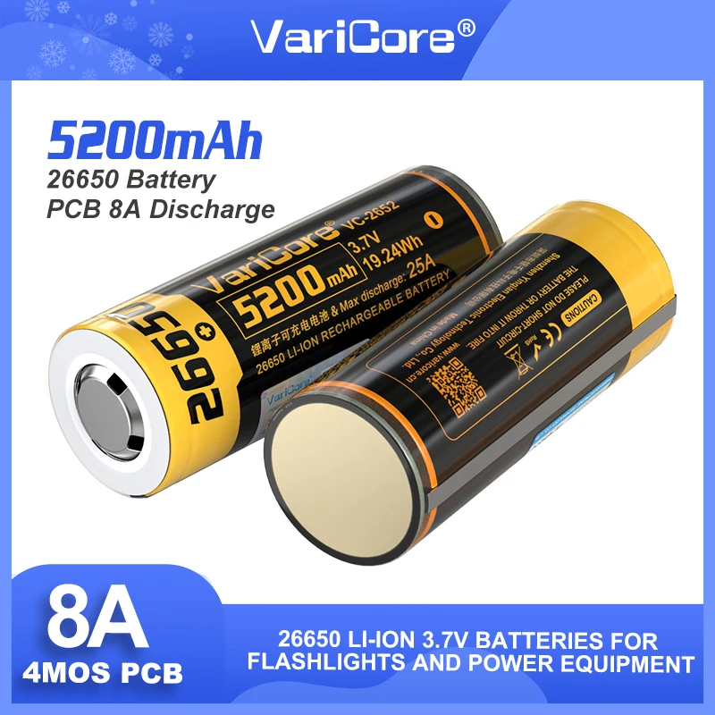 1-10 pces varicore VC-2652 26650 8a bateria de lítio recarregável 26650a 3.7v 5200ma adequado para lanterna (proteção pcb)