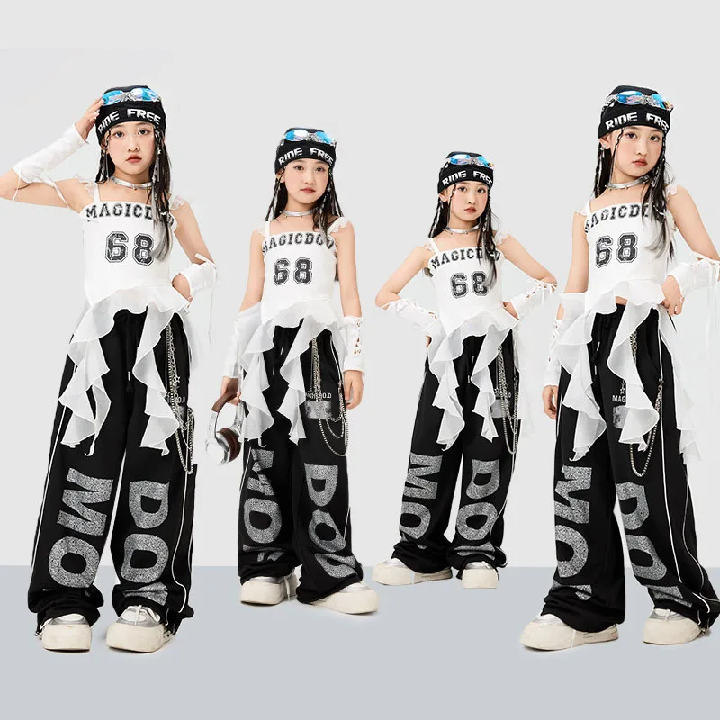 

Kid Kpop Hip Hop Clothing White Strap Ruffled Hem Crop Tank Top Black Casual Wide Sweat Pants for Girls Dance Costumes Clothes