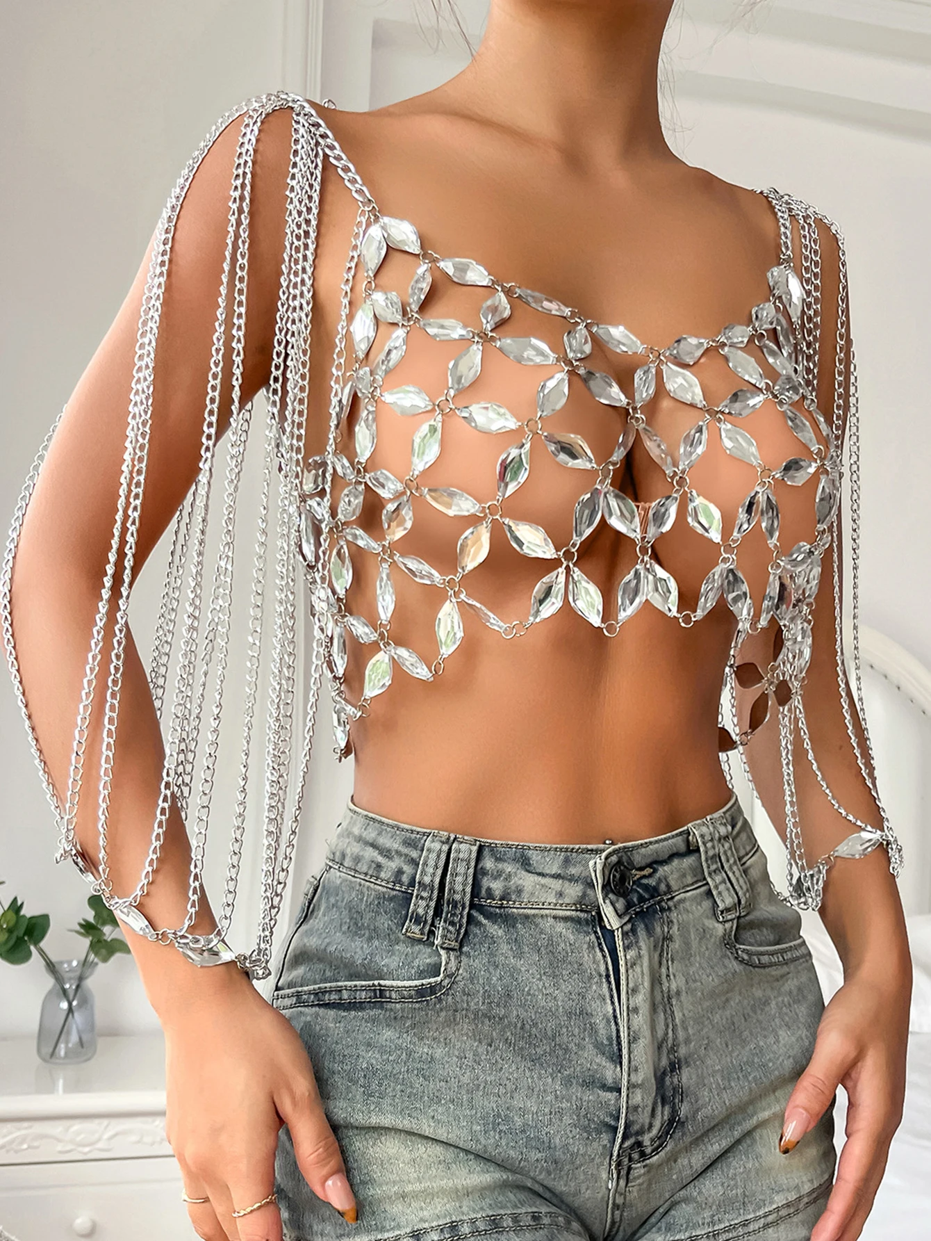 Sexy vedere attraverso il corsetto con strass in metallo crop top abiti estivi da donna canotta corta catena per il corpo club party top rave outfit