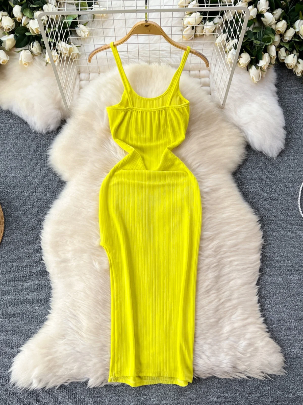 Foamlina yellow dress for women summer sexy spaghetti strap sleeveless slim stretch side split wrapped hip midi dress streetwear