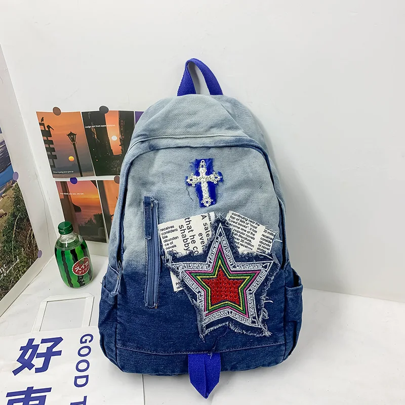 Imagem -06 - Mochila Gótica Coreana para Mulheres Denim de Colagem de Estrelas Bolsa Punk de Ombro Mochila Escolar de Grande Capacidade Y2k