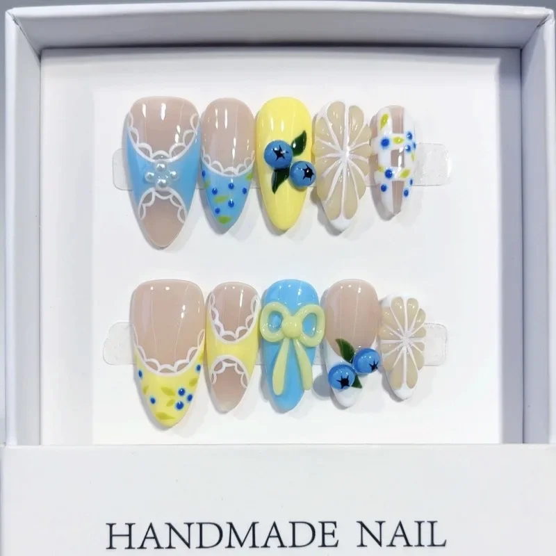 10PCS Sweet Blue Yellow 3D Blueberry Bow Almond Handmade Press on Nails Fresh Lace Floral Lemon Summer Fruit Designs False Nails