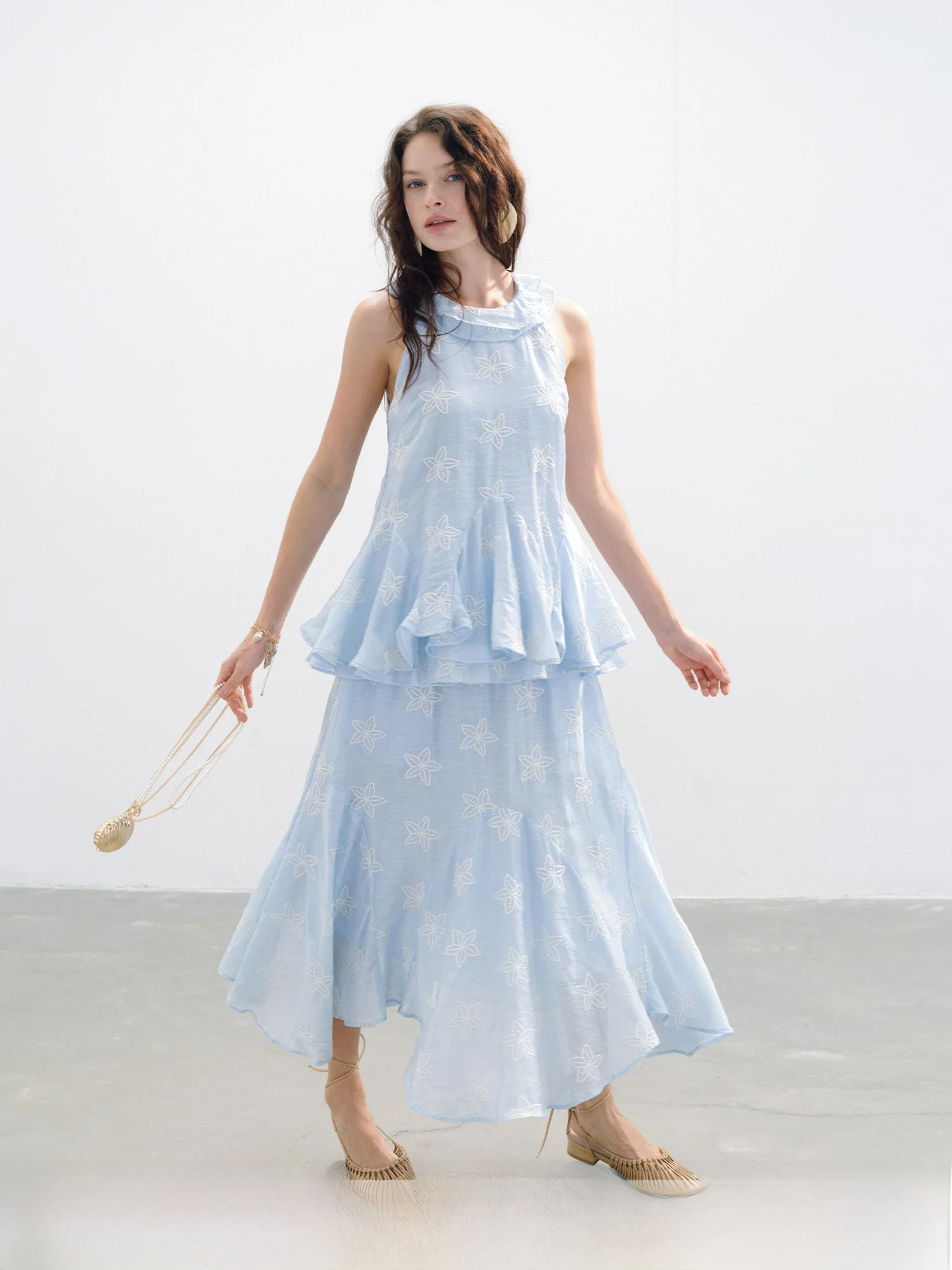 

Ele Floral Embroidered f Skirt Set Women's Faion Two-Piece Suit Blue round Neline Summer Collection by Awear