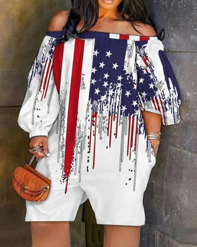 

Hot Selling Flag Print Pocket Design for Young Girls In 2024, Off Shoulder Long Sleeved Loose Jumpsuit Shorts In Stock