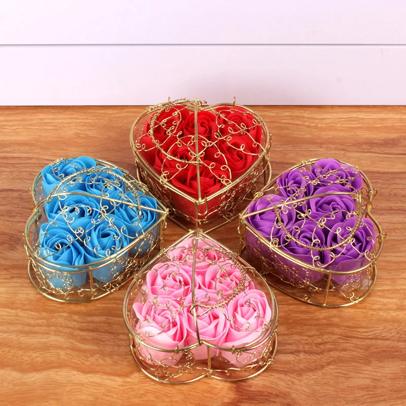 5 Piezas de Flores Artificiales en Forma de Corazón, Cesta de Hierro, Jabón Perfumado, Rosa Colorida, Decoración para San Valentín, Bodas, Fiestas, Regalos