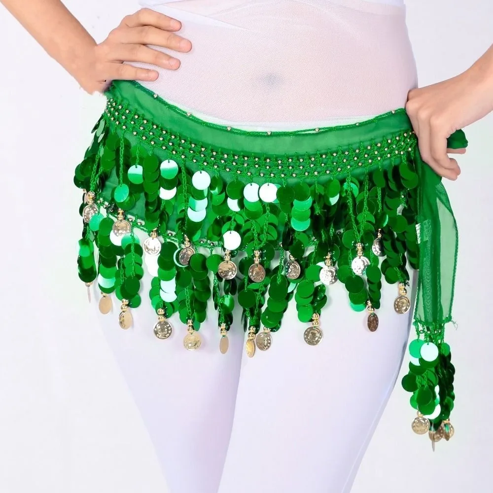 

New Belly Dance Belt Belly Dance Hip Scarf Tassel Sequins Women Belt Skirt with Gold Color Coin Hip Scarf Show Costumes