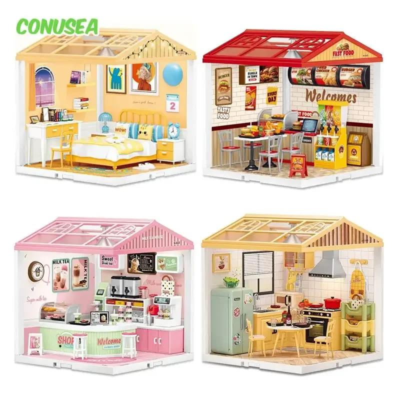 بيت الدمية مايكرو بنة لتقوم بها بنفسك غرفة الحرف اليدوية التجمع المشهد الطوب غرفة نوم المطبخ مطعم نموذج كتل هدايا عيد الميلاد #5