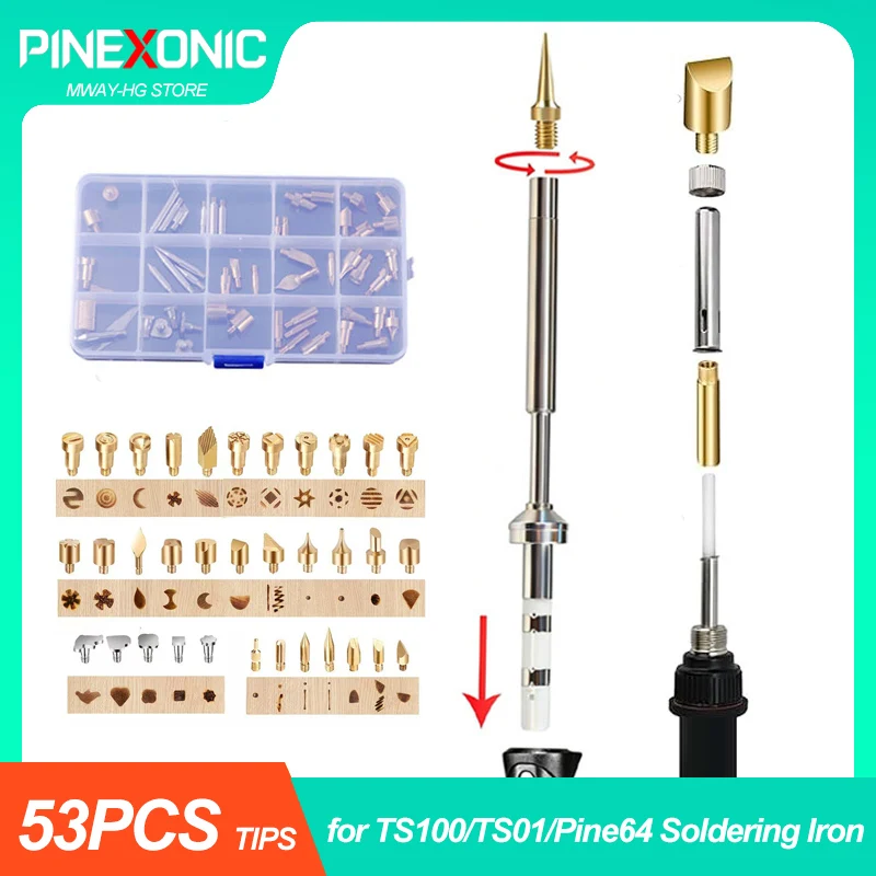 53PCS Pyrography Kit Wood Burning Tips Set Carving Marking Tools Compatible with TS100 TS101 T85 Pine64 Pinecil V1 V2 936 Solder