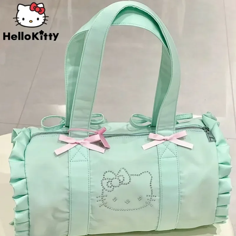 Sanrio Hello Kittys-Bolso de mano de dibujos animados para niña, bolsa de mano de gran capacidad, informal, versátil, ligera, con lazo verde