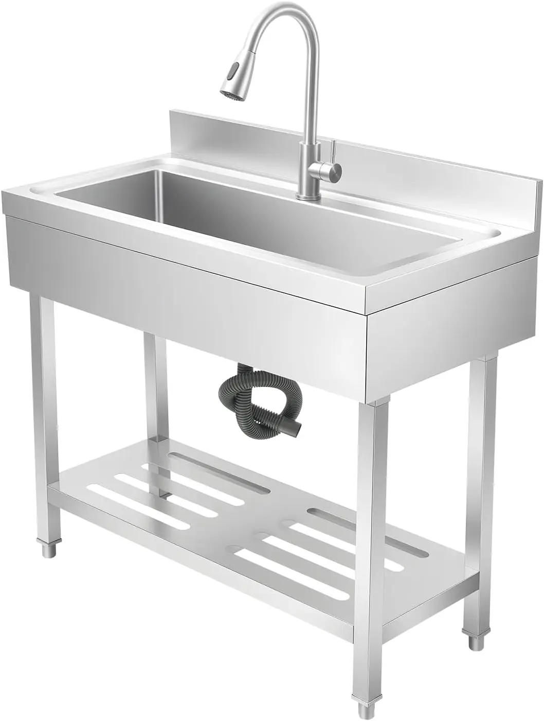Stainless Steel Utility Sink, Freestanding Single Bowl Outdoor Utility Sink with Storage Rack, Faucet, Commercial Bowl Kitchen S