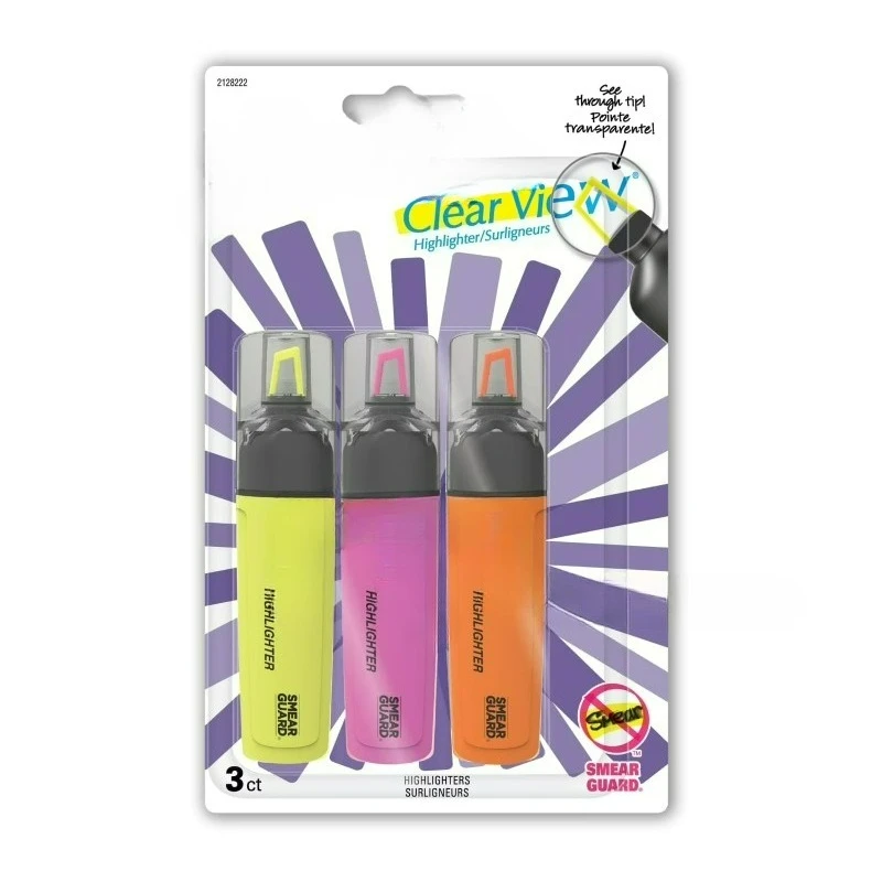 Highlighter, Clear View Highlighter with See-Through Chisel Tip, Tank Highlighter, Assorted, 3 Count