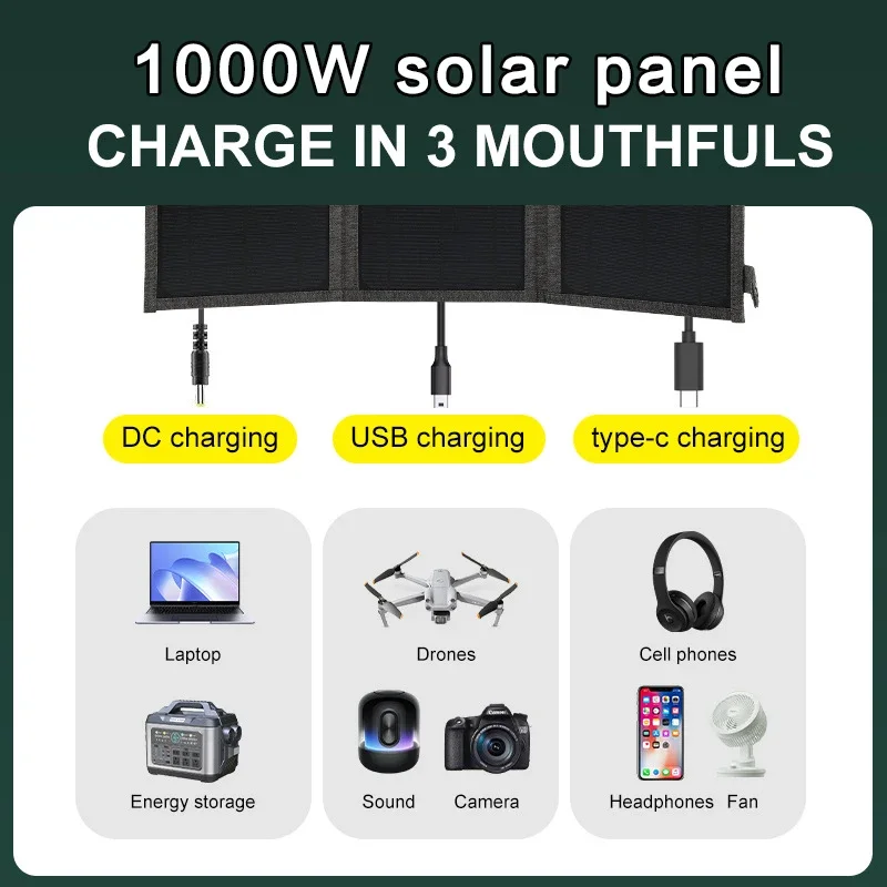 1000W 3-Fold  Foldable solar panel portable solar panels charger USB 5V DC Full time power solar panel mobile power supply