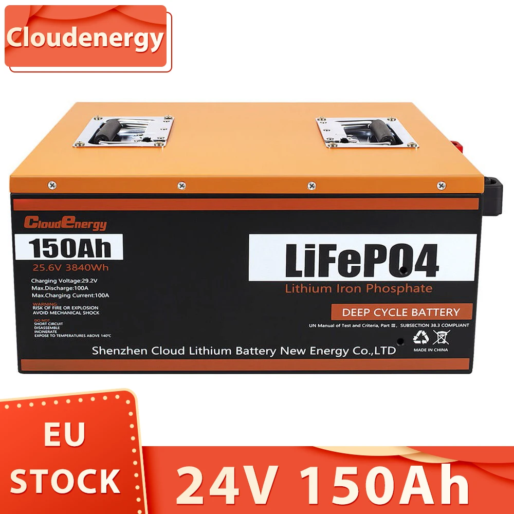 Cloudenergy 24V 150Ah LiFePO4 Battery Pack Backup Power, 3840Wh Energy, 6000+ Cycles, 100A BMS, Support in Series/Parallel