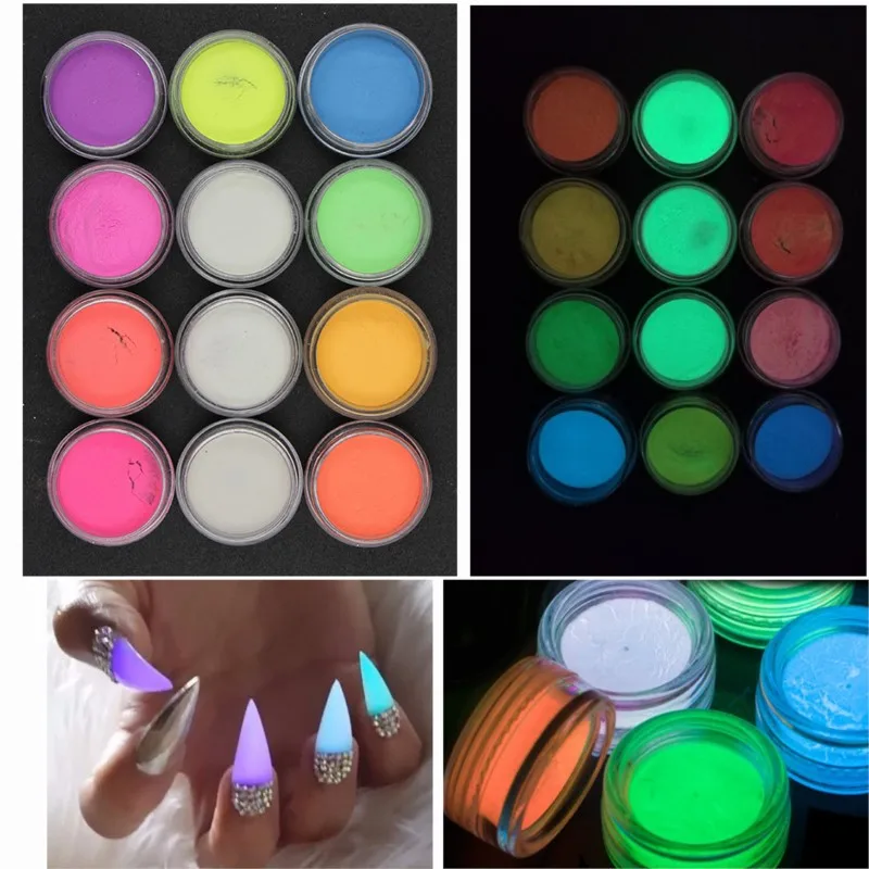 

12 Colors Luminous Powder Nail Glitter Phosphor Pigment Fluorescent Glow In Dark Glitter For Manicure DIY Decoration Chrome Dust