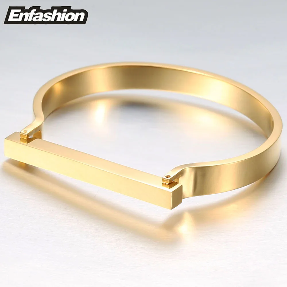 Enfashion Personalized Custom Engrave Name Flat Bar Cuff Bracelet Gold Color Bangle Bracelets For Women Bracelets Bangles