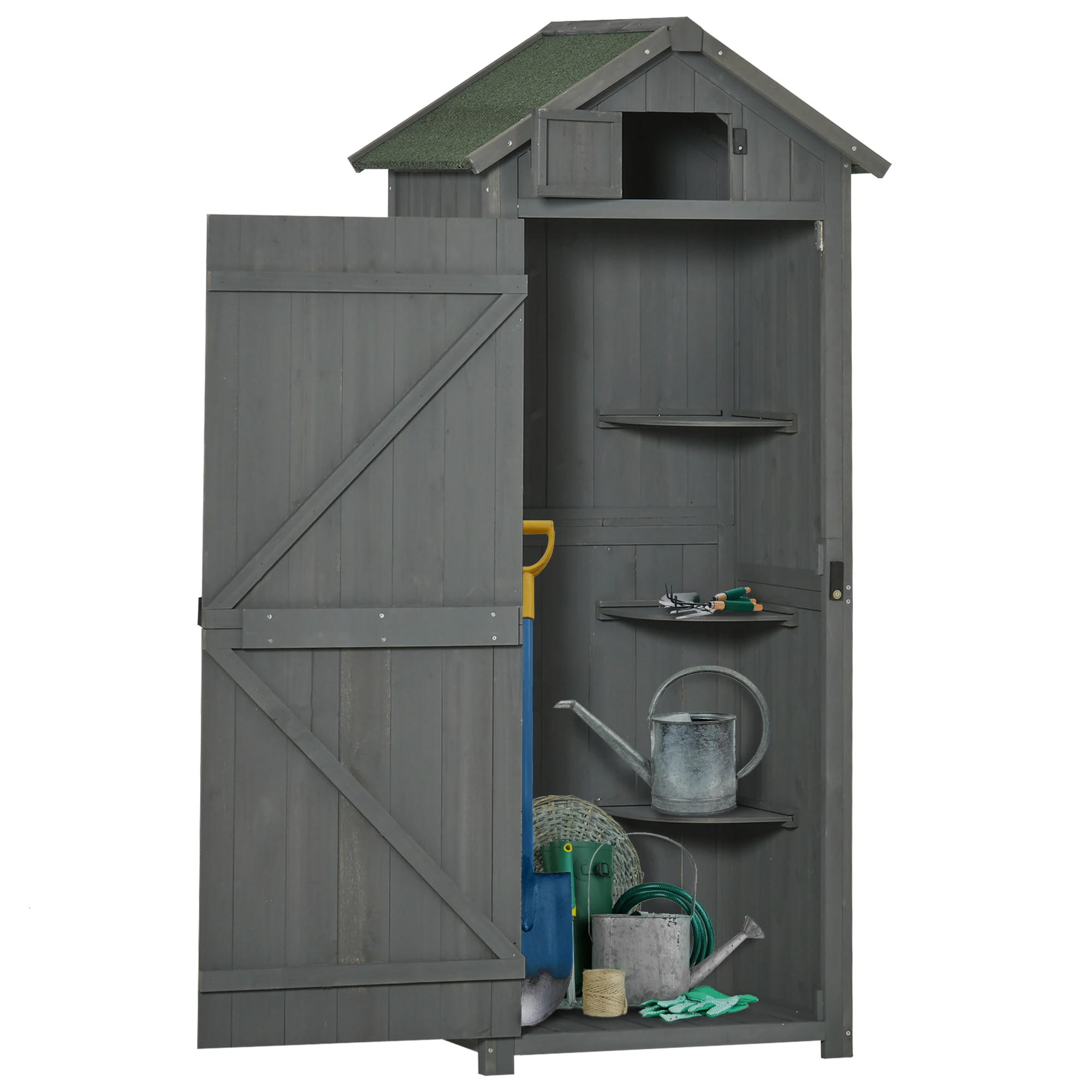 Outsunny wooden garden cabinet 77x54,2x179 cm 0,3 m² tool storage shed with 3 shelves and 2 doors with Patio hasp gray and green Terrace