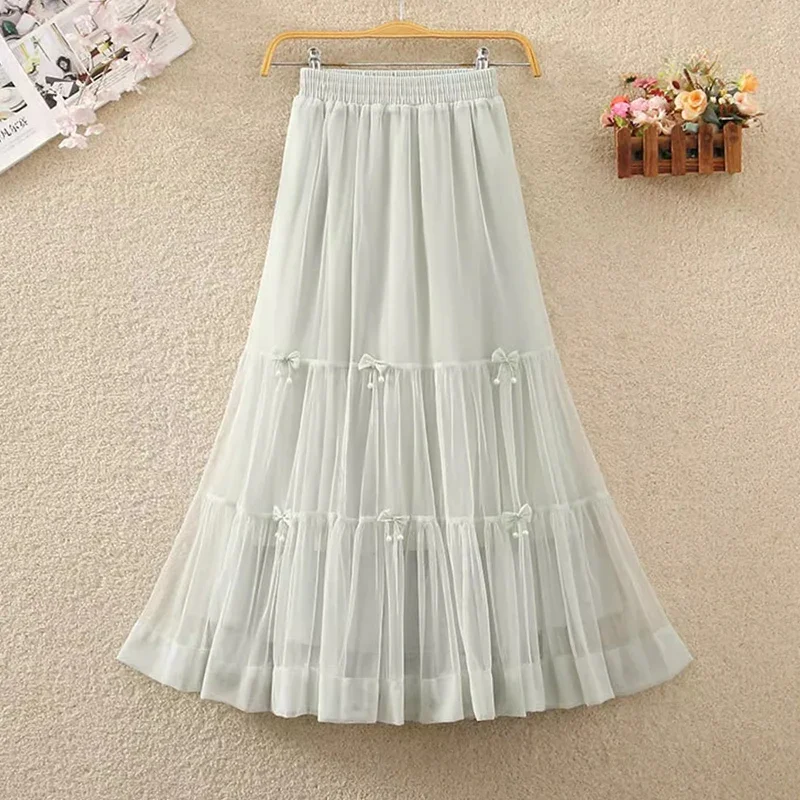 Jupe longue en tulle pour femme, patchwork de nœud doux coréen, ligne A, taille haute, jupe midi plissée en maille, vert, Z658, nouveau, 2024