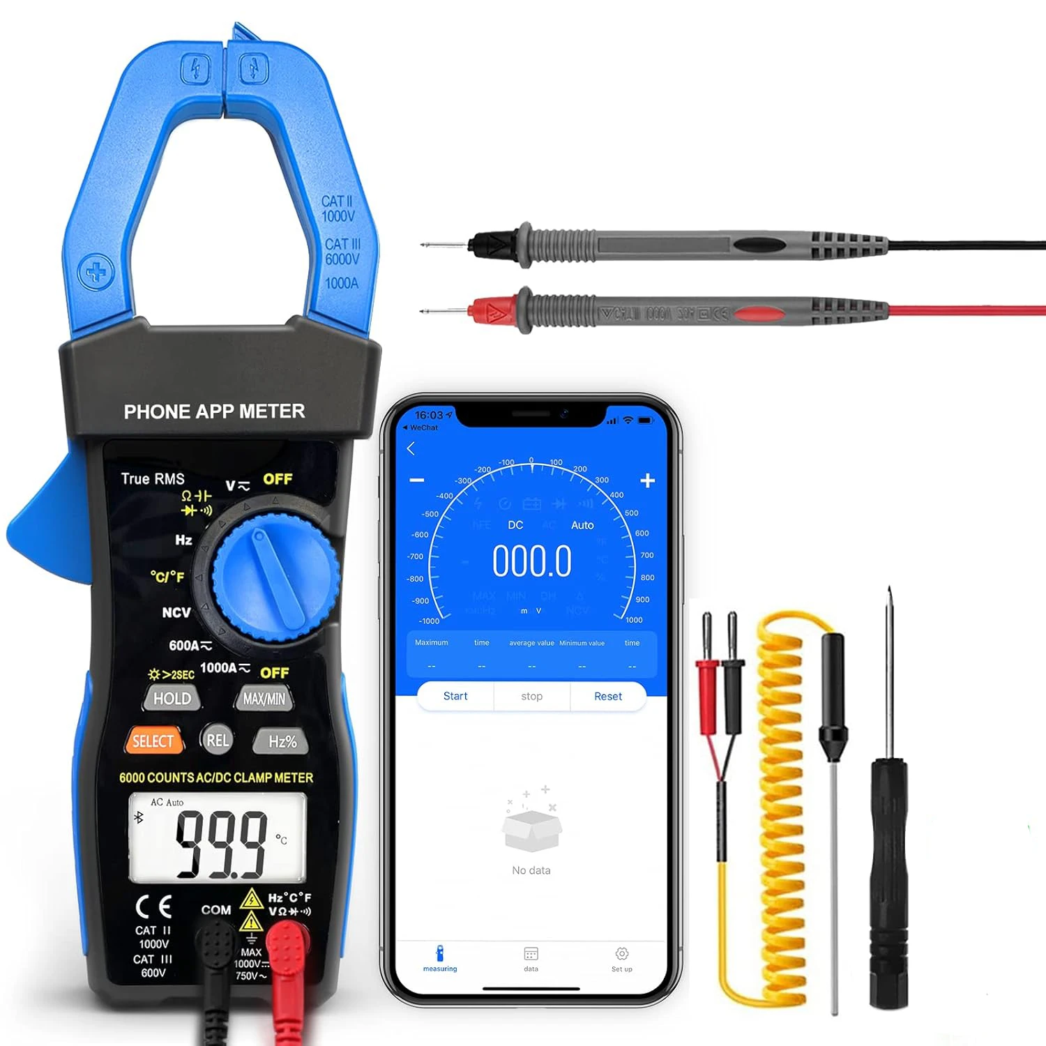 Bluetooth Clamp Meter, AC DC Clamp Meter 6000Count TRMS, NCV Voltmeter Ammeter Ohmmeter App Support, Auto Range Multimeter