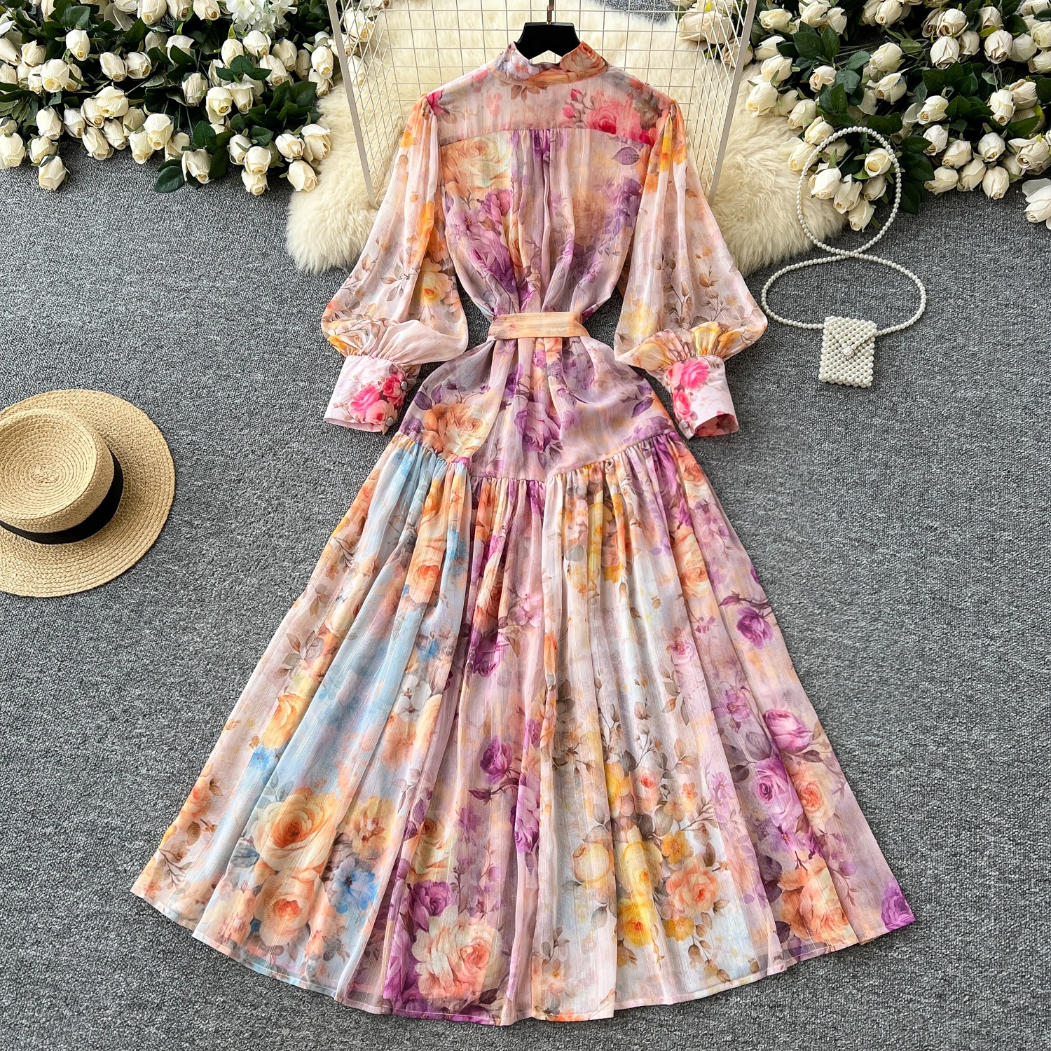 France Elegant Vintage Palace Evening Dress Women Print Sashes Stand-up Collar Party Dress Female Casual Chic Holiday Clothing