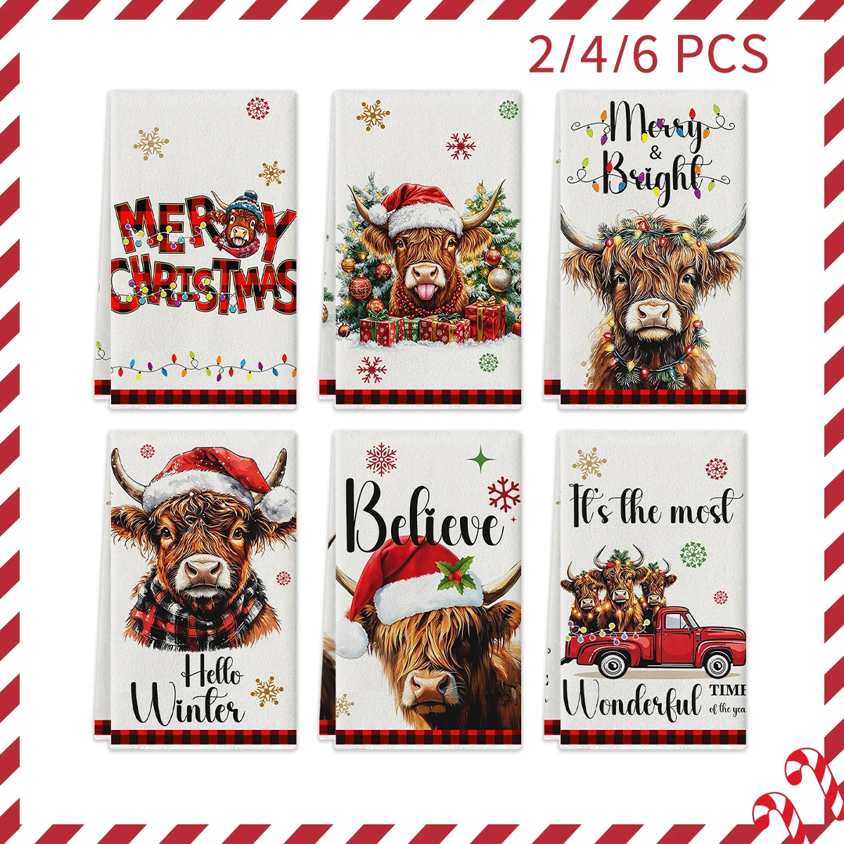 2/4/6Pcs Christmas Kitchen Towels, Cartoon Highland Cow Buffalo Plaid Xmas Tree Print, Absorbent Tea Towels, Xmas Decor