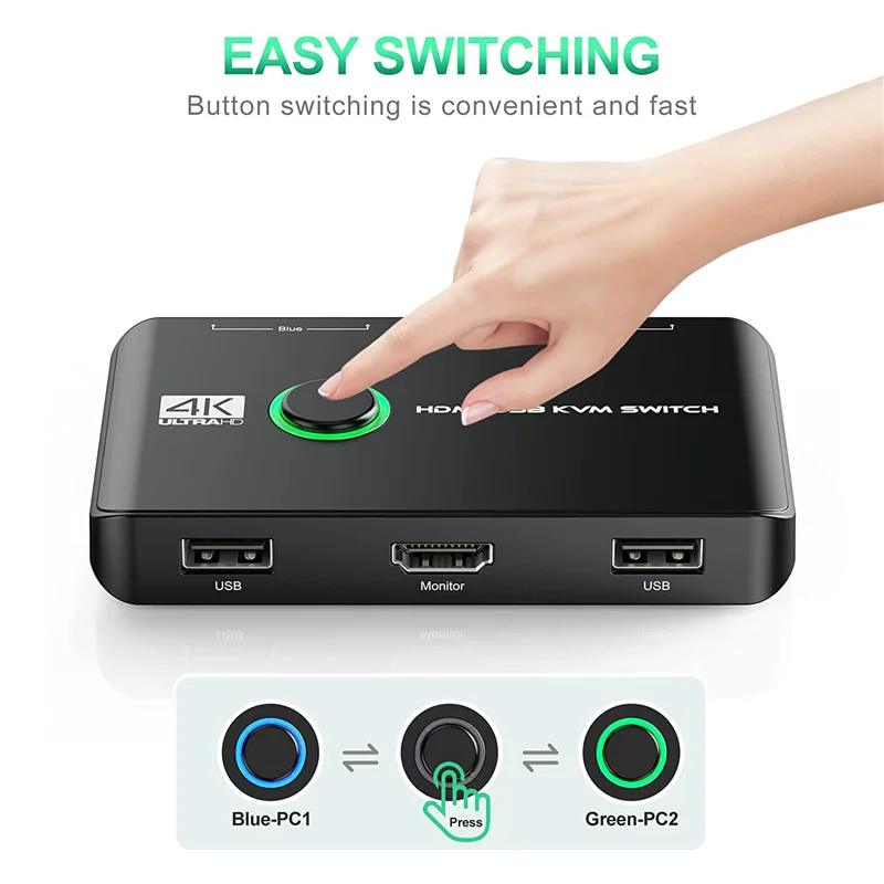 

A43M 4K KVM-переключатель USB HDMI-совместимые переключатели для 2 компьютеров Share Клавиатура Мышь Принтер и монитор, поддержка 4K при 60 Гц