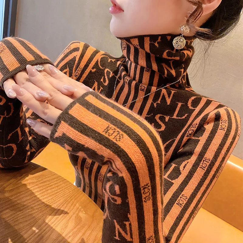 Women Clothing Turtleneck Vintage Letter Jacquard Sweaters Wool Knitted Fashion Slim Soft Elasticity Pullovers Spring Knitwear