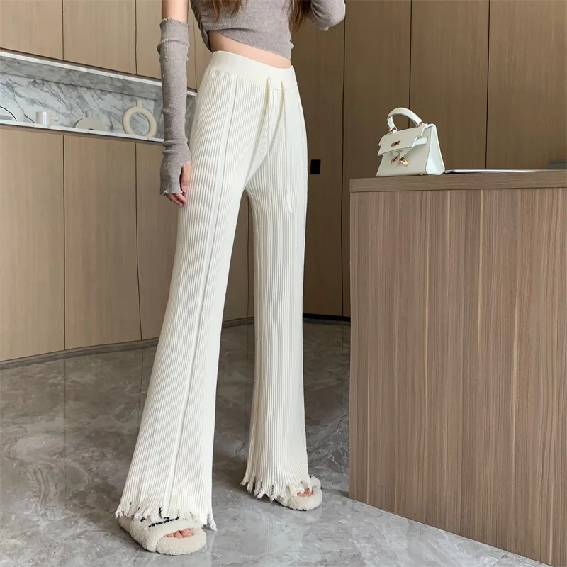 Designer Tassels Wide Leg Knitted Pants Women Winter Chic Stripe Loose Trousers Femme Casual Full Length Warm Sweater Pants