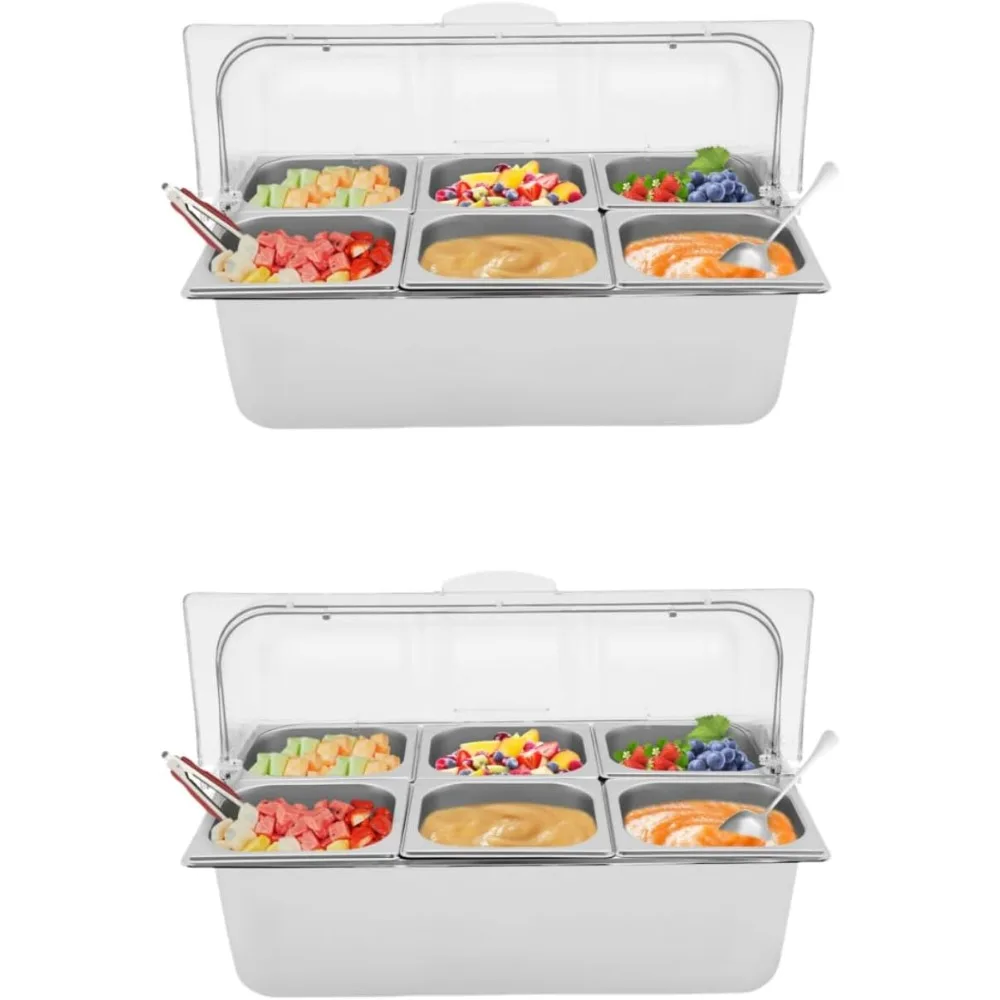 

2 Set 6-Pan Commercial Cold Food Buffet Server with 6 Chillable/Warm Trays, Countertop Food Serving Display Container w/Clear Ro