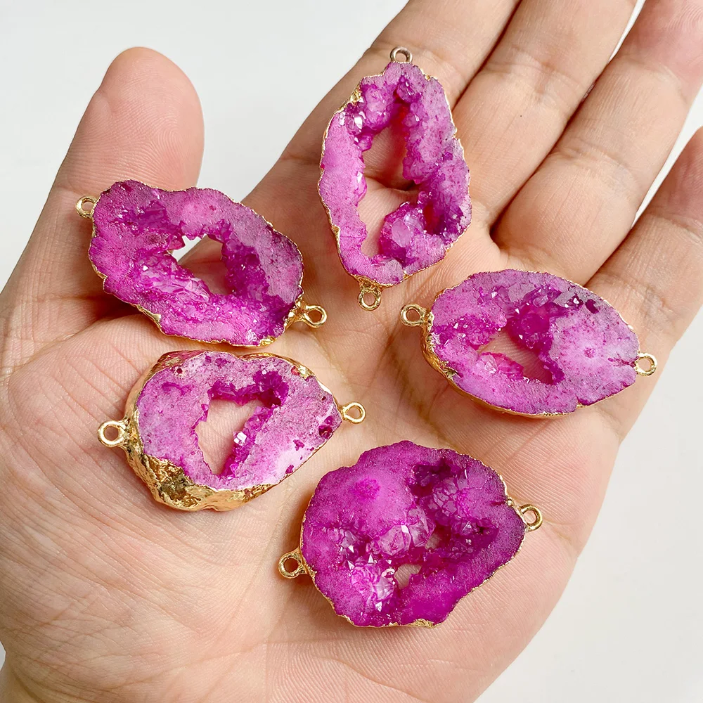 1PC Natural Agates Geode Druzy Slice Connector Pendant 20-30*25-35mm Agates Crystal Double Loops Charm For Handmade Jewelry