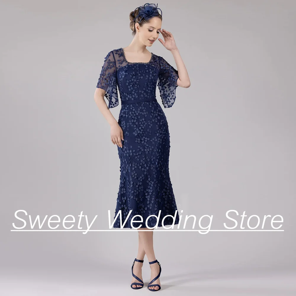 

Navy Mother of The Bride Dress Batwing Sleeves Square Neck Exquisite Lace Mermaid Guest Party Gown for Weddings Mid-Calf