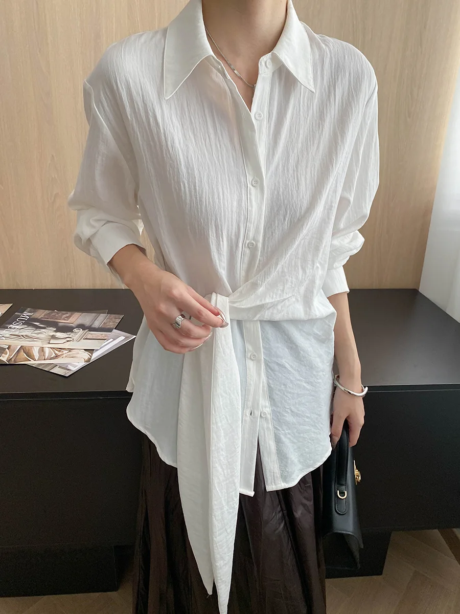 

2025 Autumn Fashion New French Shirt Side Tie Waist Lapel Long Sleeve Women's Shirt
