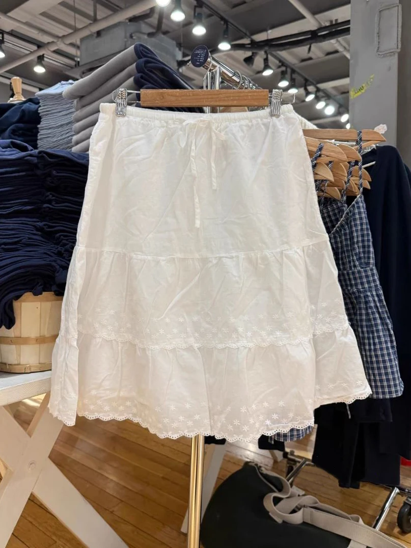 Floral Embroidery Hem Drawstring Midi Skirts Woman Autumn Low Waist A-line Lace Trim Cotton Faldas Sweet Preppy Style Skirt New