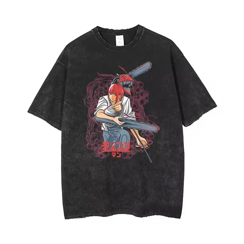 Anime Chainsaw Man Acid Tshirt Retro Vintage Washed Printed Graphic T Shirt Men Harajuku Cotton Casual Short Sleeve Tshirt Tops