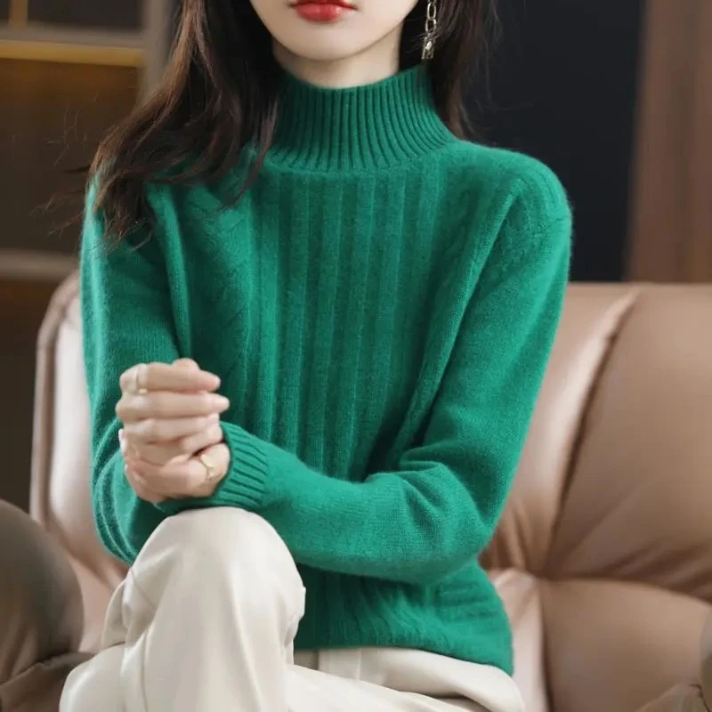 Autumn Winter Thick Cashmere Sweater Women's Half Turtleneck Pullovers Soft Solid Color Knitted Jumper Female Bottoming Shirt