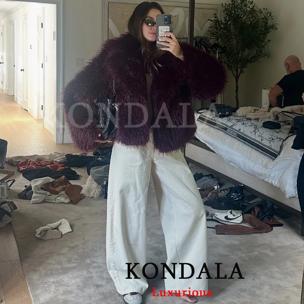 

KONDALA Chic Bordeaux красные пальто из искусственного меха женские куртки с длинными рукавами и карманами с отложным воротником мода 2025 осень-зима верхняя одежда