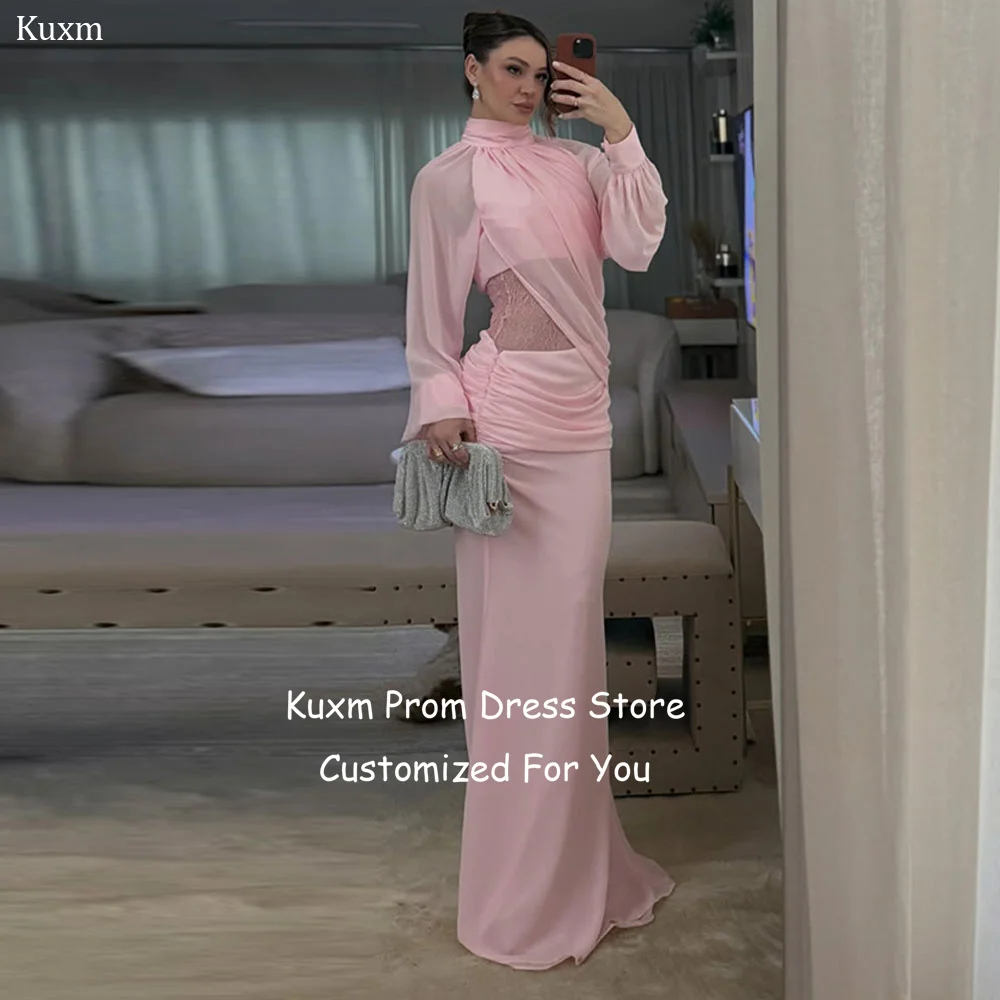 Kuxm Pink Chiffon Vestidos Casamento Convidada High Neck Elegant Prom Gowns Long Sleeve Vintage Dresses Wedding Guest Customized