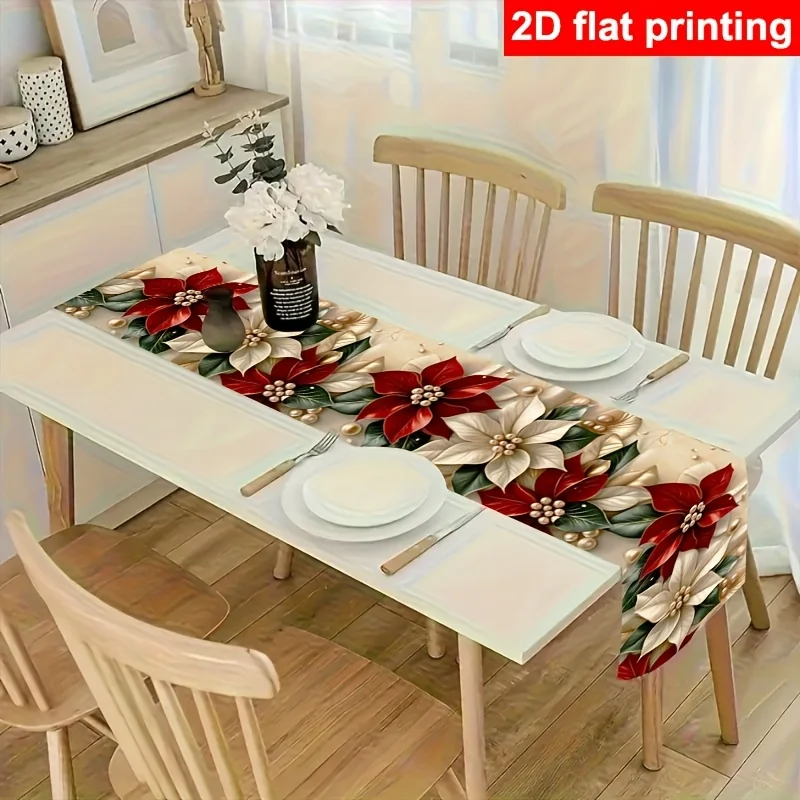 1 Piece Red Christmas Floral Table Runner - High-Quality Polyester Holiday Decoration, Suitable for Dining Tables, Kitchens, Outdoor Parties