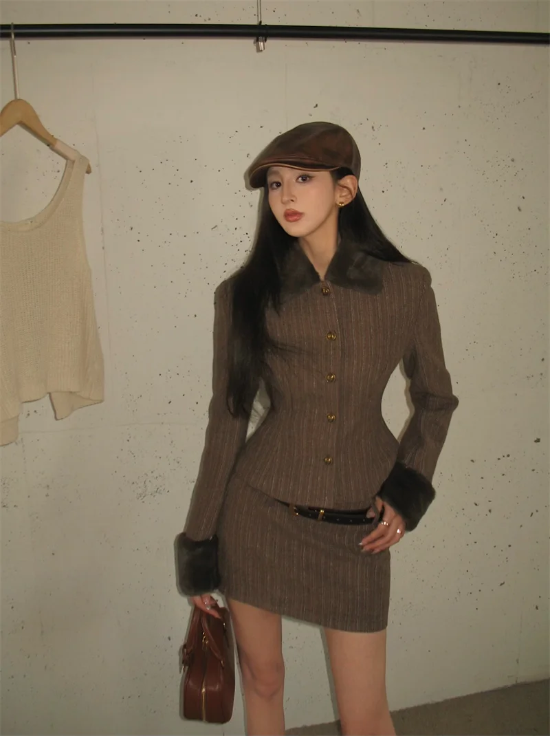 Fall Winter Women French Old Money Maillard Office Lady Elegant Outfits 2 Piece Set Single-breasted Striped Jacket + Mini Skirt