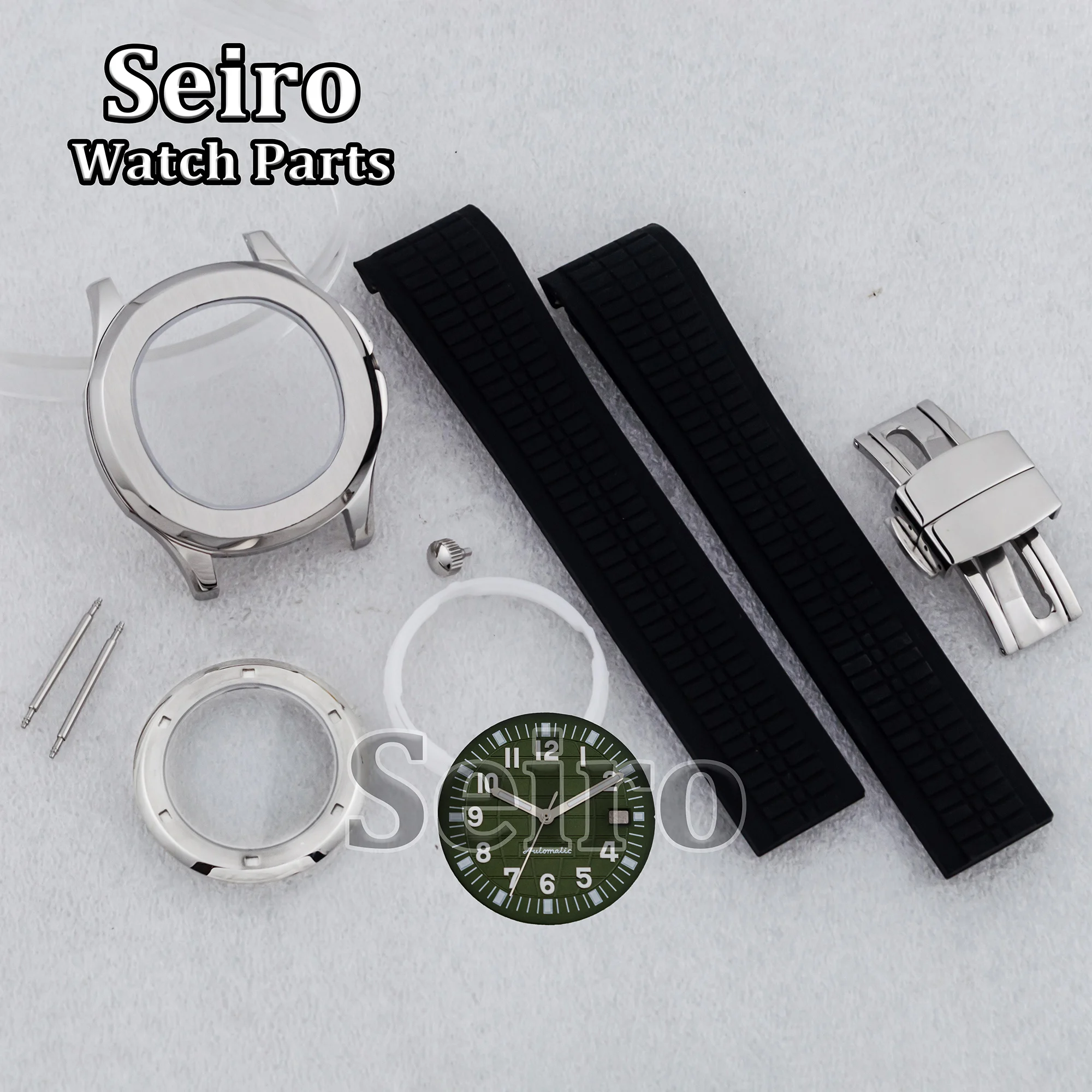 

42MM Stainless Steel Silver Watch Case Rubber Strap Sapphire Glass Luminous Dial Hands for AQUANAUT Nautilus NH35 NH36 Movement