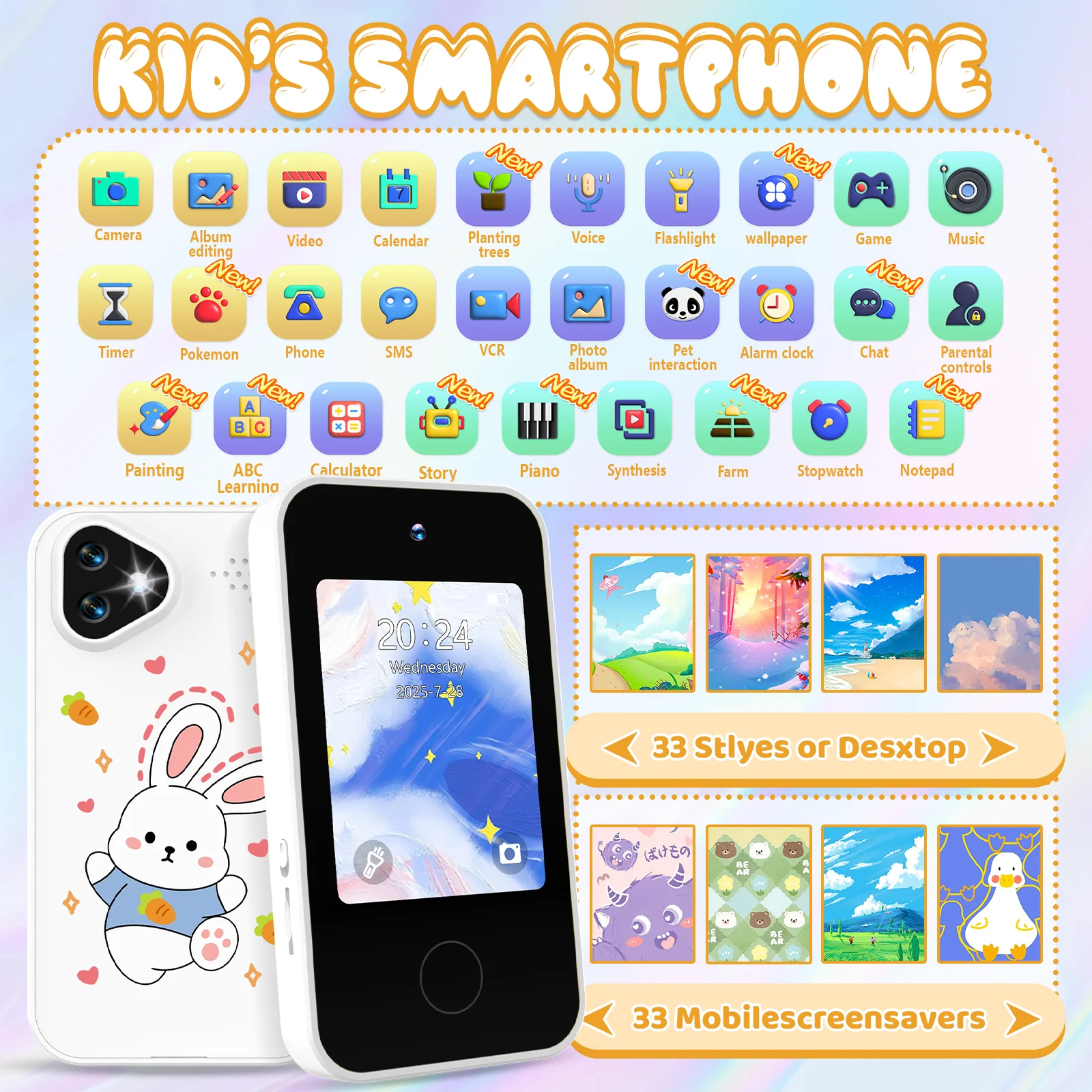 Téléphone intelligent pour enfants, double caméra HD 1080P, écran tactile, Mini lecteur, appareil photo numérique, jouets éducatifs pour filles et garçons, cadeaux de noël