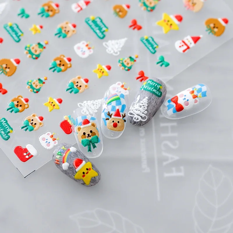 5D Thin Tough Embossed Nail Stickers Christmas Bear Self Adhesive Premium Vinyl Glossy for Women Party Decor