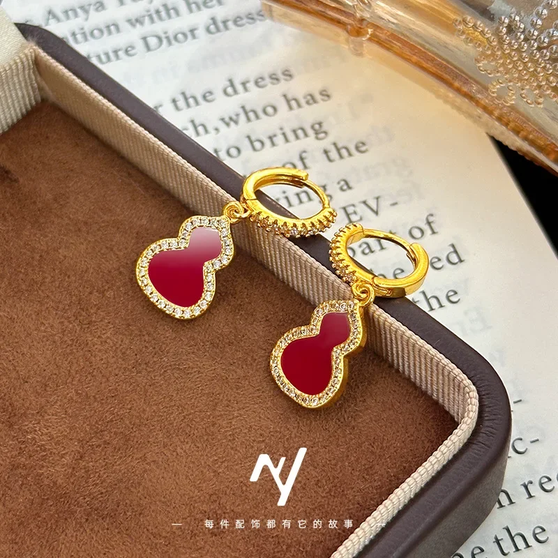 NovaGlod 24K real gold French light luxury niche earrings white red 9999 diamond Fulu earrings as a gift for your girlfriend
