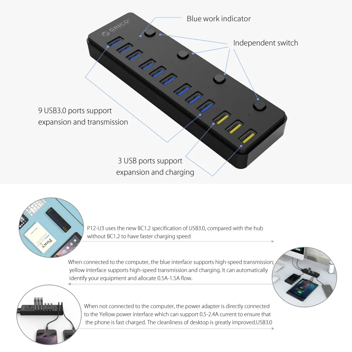 ORICO USB Extension Hub 12 Port USB 3.0 Hub Splitter 12V 5A Power Adapter Charger with Switch USB Hub for PC Laptop Accessories