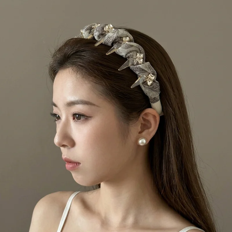 

Vintage Printed Organza Wrapping Diamond Hair Hoop Hairbands Women Elegant Hair Ornament Outdoor Headband
