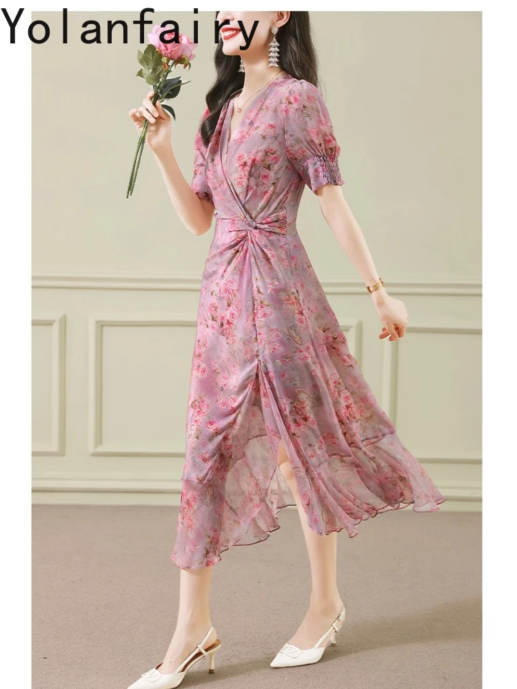YOLANFAIRY 100% فساتين حرير التوت الحقيقي الصيف امرأة أنيقة فستان فاخر جودة عالية فستان طويل الأزهار الملابس النسائية