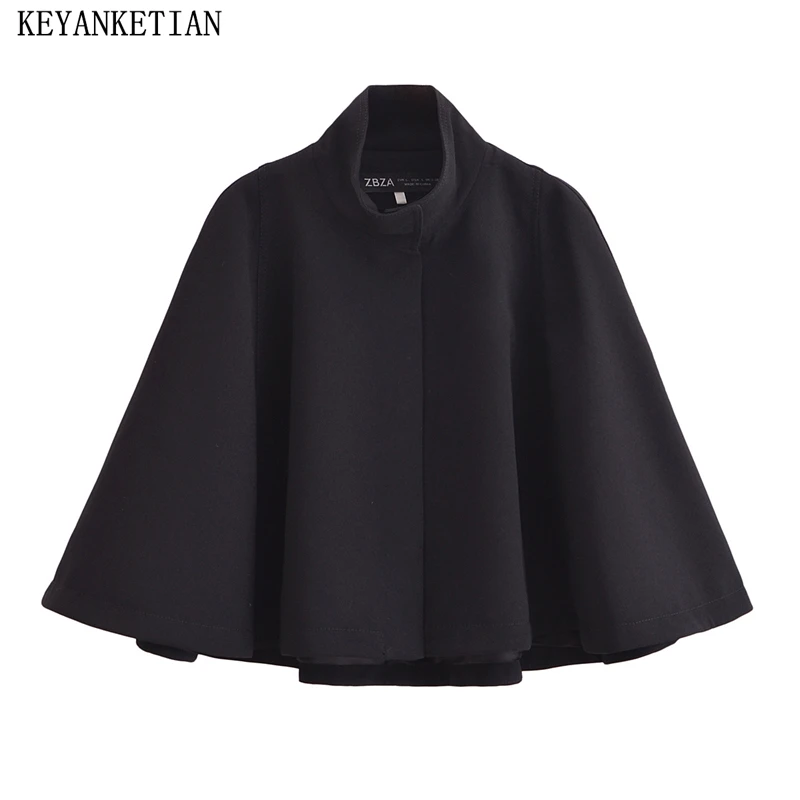 KEYANKETIAN 2024 Autumn/Winter New Women's Short Cape Coat Fashion Elegant High Neck Covered Button Loose Black Outerwear Top