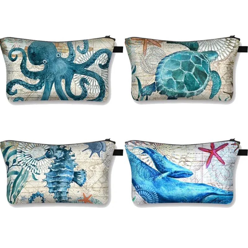 Octopus/ sea turtle/ seahorse print cosmetic bag woman Cosmetic case ladies makeup bags  girls make up case  travel makeup bag